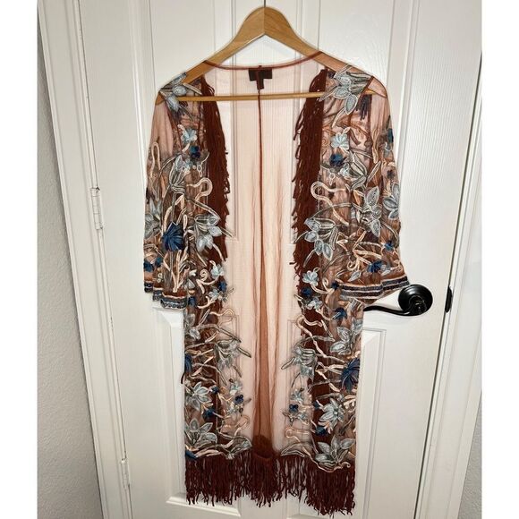 Shyanne Brown Blue Mesh Floral Embroidered Tassel Kimono Duster Sz S Western - Picture 3 of 7
